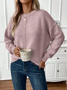 EMERY ROSE Suéter de punto de hombros caídos de unicolor para mujer, para otoño e invierno - Rosa vieja - Ver 5