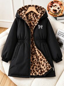 SHEIN 少女秋/冬保暖內裡連帽外套，中長版寬鬆版型，豹紋內裡，可愛蝴蝶結圖案，酷女孩學生校園風黑色 - 黑色 - 查看 4