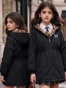 SHEIN 少女秋/冬保暖內裡連帽外套，中長版寬鬆版型，豹紋內裡，可愛蝴蝶結圖案，酷女孩學生校園風黑色 - 黑色 - 查看 9