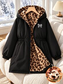 SHEIN 少女秋/冬保暖內裡連帽外套，中長版寬鬆版型，豹紋內裡，可愛蝴蝶結圖案，酷女孩學生校園風黑色 - 黑色 - 查看 3