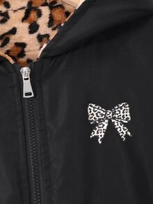 SHEIN 少女秋/冬保暖內裡連帽外套，中長版寬鬆版型，豹紋內裡，可愛蝴蝶結圖案，酷女孩學生校園風黑色 - 黑色 - 查看 7