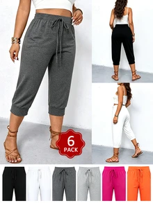 EMERY ROSE Plus Size Women 6‑Pack Drawstring Capri Jogger Pants, Soft Breathable Elastic Waist Cropped Sweatpants, Relaxed Fit Casual LoungewearWorkoutCapriPants - White - View 1