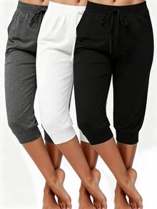 EMERY ROSE Plus Size Women 6‑Pack Drawstring Capri Jogger Pants, Soft Breathable Elastic Waist Cropped Sweatpants, Relaxed Fit Casual LoungewearWorkoutCapriPants - White - View 5
