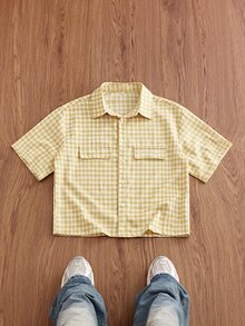 SWAVVY Spring/Summer Men's Plaid Single-Breasted Casual Short Sleeve Shirt For Daily Wear - Yellow - View 1
