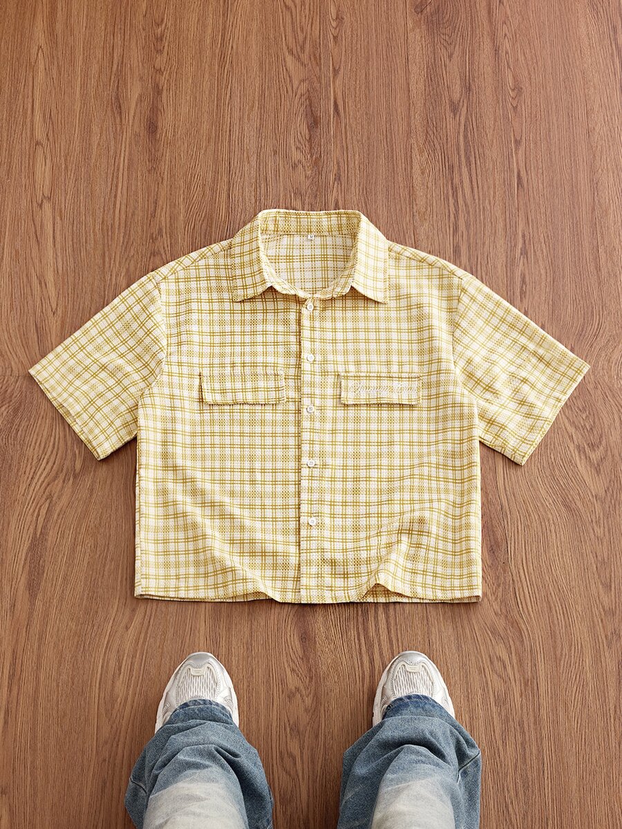 SWAVVY Spring/Summer Men's Plaid Single-Breasted Casual Short Sleeve Shirt For Daily Wear - Yellow - View 1