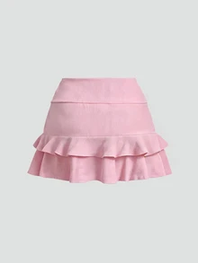 SHEIN Sweetro Women's Plus Size Solid Color Double Layer Ruffle Hem Skort - Pink - View 2