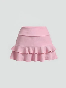 SHEIN Sweetro Women's Plus Size Solid Color Double Layer Ruffle Hem Skort - Pink - View 1