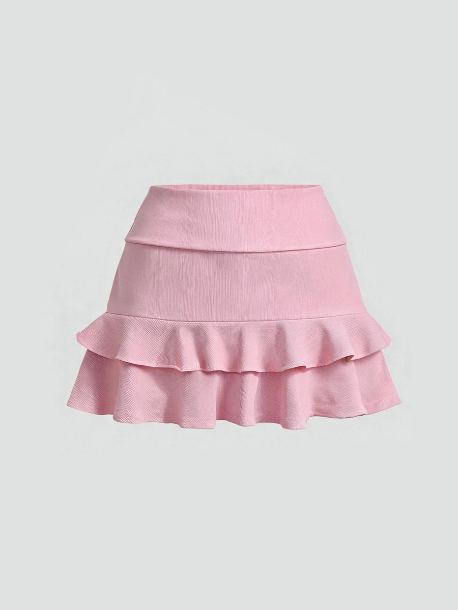 SHEIN Sweetro Women's Plus Size Solid Color Double Layer Ruffle Hem Skort - Pink - View 1