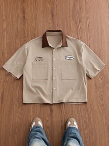 SWAVVY Men's Letter Embroidered Pocket Single-Breasted Short Sleeve Shirt - Coffee Brown - View 2