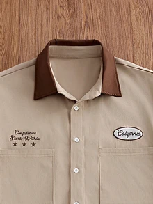 SWAVVY Men's Letter Embroidered Pocket Single-Breasted Short Sleeve Shirt - Coffee Brown - View 3