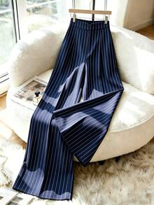 EMERY ROSE Plus Size Navy Vertical Pinstripe Wide Leg Pants Women V Notch High Waist Hidden Elastic Back Trousers,Elegant Flowy Straight SuitPantsForOffice&Daily - Multicolor - View 5