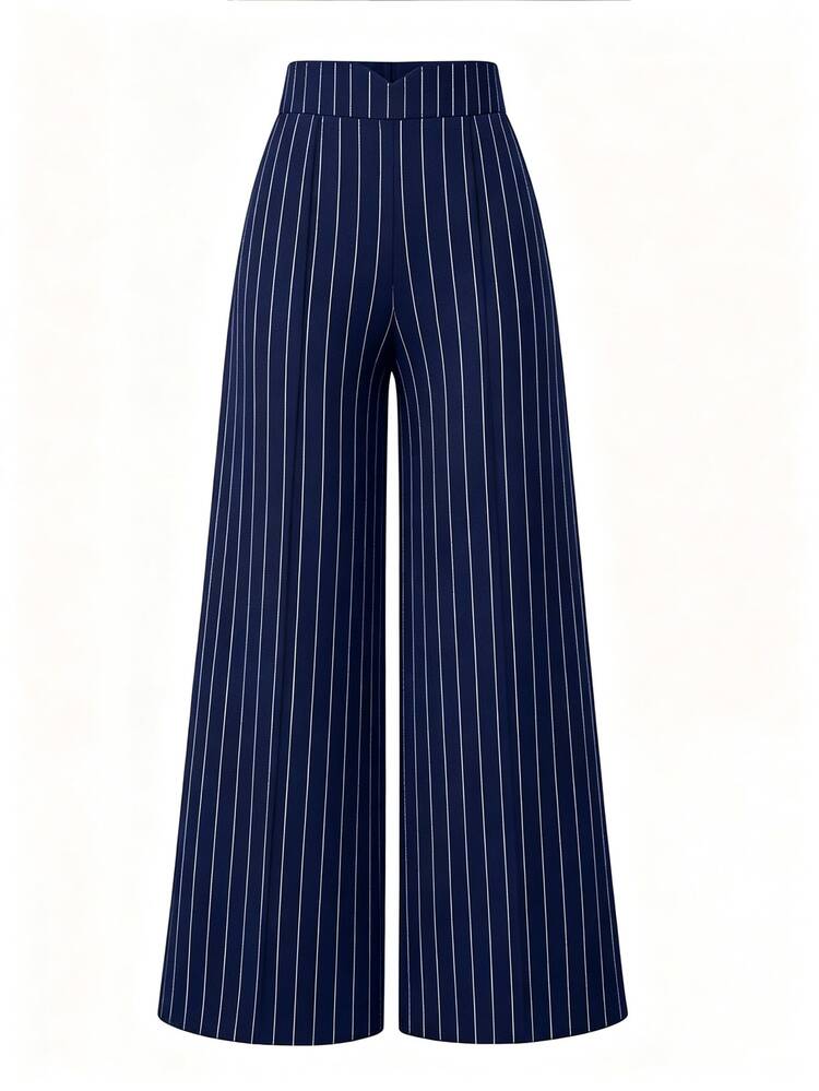 EMERY ROSE Plus Size Navy Vertical Pinstripe Wide Leg Pants Women V Notch High Waist Hidden Elastic Back Trousers,Elegant Flowy Straight SuitPantsForOffice&Daily - Multicolor - View 6
