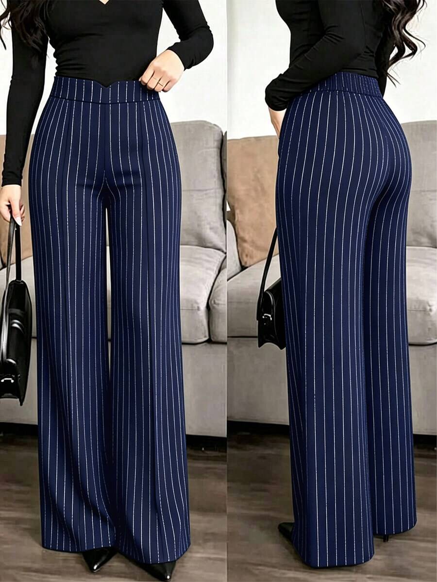 EMERY ROSE Plus Size Navy Vertical Pinstripe Wide Leg Pants Women V Notch High Waist Hidden Elastic Back Trousers,Elegant Flowy Straight SuitPantsForOffice&Daily - Multicolor - View 1