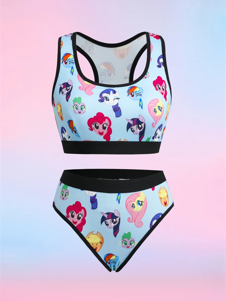My Little Pony X SHEIN Cartoon Girl Lingerie Set, Racerback Sports Tank Top & Triangle Panties, Cute Print 2 Pieces Set - Blue - View 1