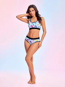 My Little Pony X SHEIN Cartoon Girl Lingerie Set, Racerback Sports Tank Top & Triangle Panties, Cute Print 2 Pieces Set - Blue - View 4