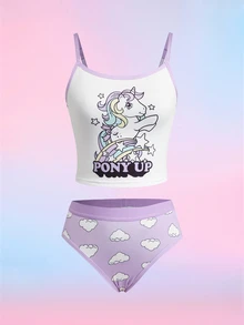 My Little Pony X SHEIN Set Lingerie Anak Perempuan Kartun Unicorn, Tank Top Kamisol dengan Motif Awan dan Celana Dalam Segitiga, Set 2 Potong - Purple - View 7