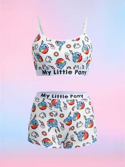 My Little Pony X SHEIN Women's Letter Cartoon Print Camisole Bra And Hipster Panty Casual Daily Lingerie 2 Pieces Set