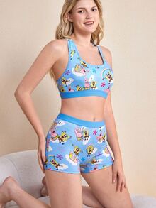 SpongeBob SquarePants | SHEIN مجموعة ملابس داخلية للبنات حمالة صدر رياضية بظهر سباق وسروال قصير - الأزرق - مشاهدة 6
