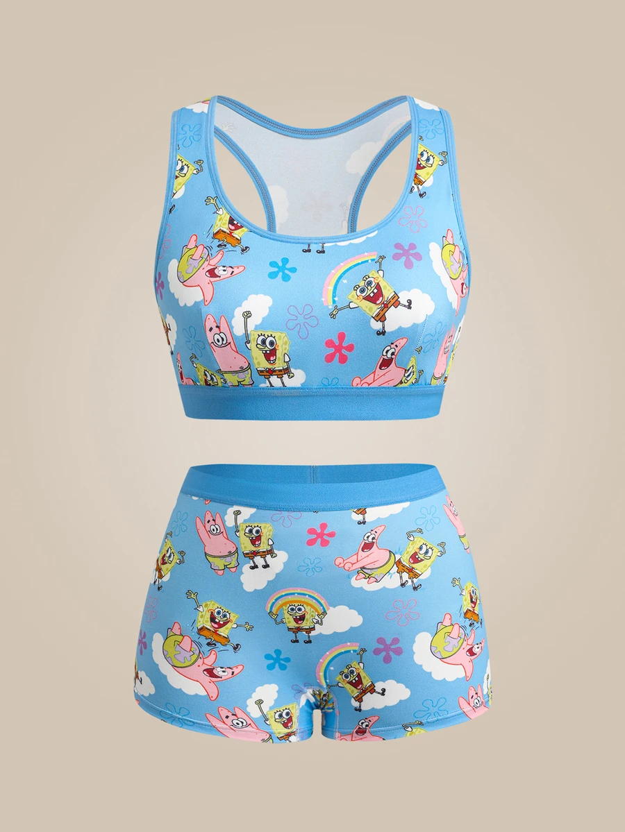 SpongeBob SquarePants | SHEIN Girl's Underwear Set Racerback Sports Bra & Boy Short Panties - Blue - View 1