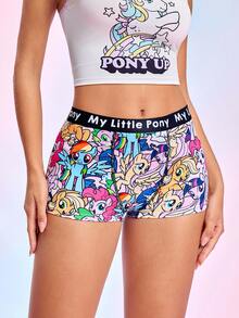 My Little Pony X SHEIN شورت بوكسر نسائي بطبعة كرتونية كاملة مع رقعة حرف على الخصر وتصميم باتشوورك - متعدد الألوان - مشاهدة 3