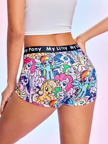 My Little Pony X SHEIN شورت بوكسر نسائي بطبعة كرتونية كاملة مع رقعة حرف على الخصر وتصميم باتشوورك - متعدد الألوان - مشاهدة 2