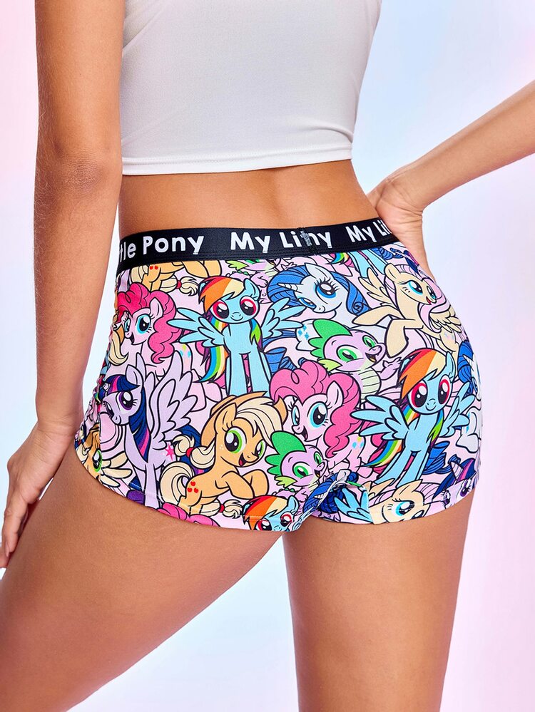 My Little Pony X SHEIN Women's Full Print Cartoon Waist Letter Patchwork Shorts Boxer Briefs - Multicolor - View 2