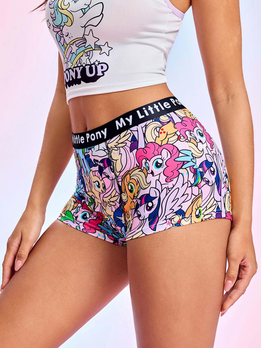 My Little Pony X SHEIN شورت بوكسر نسائي بطبعة كرتونية كاملة مع رقعة حرف على الخصر وتصميم باتشوورك - متعدد الألوان - مشاهدة 1
