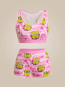 SpongeBob SquarePants | SHEIN Women's Simple Cartoon Pattern Tank Top And Shorts Underwear 2 Pieces Set - Pink - View 1