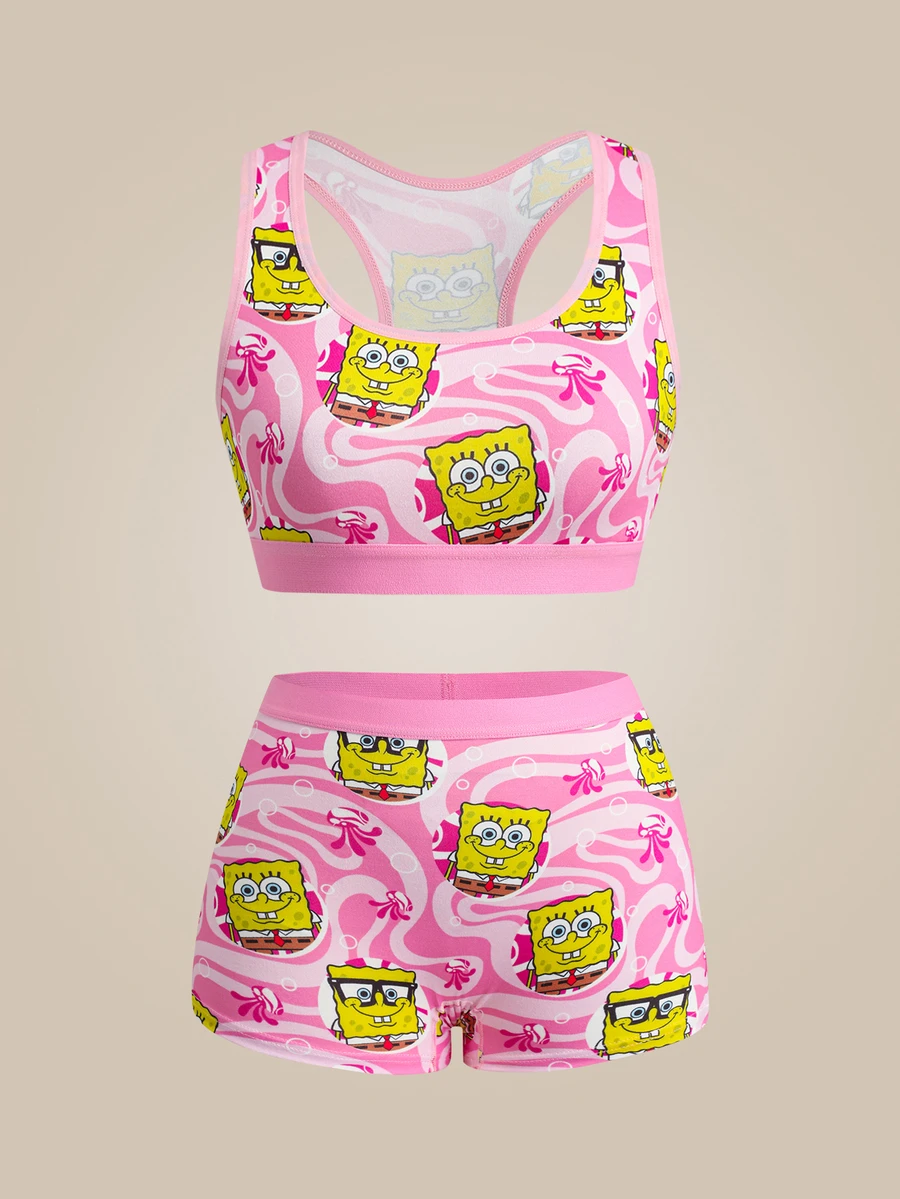 SpongeBob SquarePants | SHEIN Women's Simple Cartoon Pattern Tank Top And Shorts Underwear 2 Pieces Set - Pink - View 1