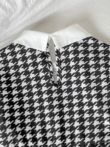 SHEIN 少女時尚長袖公主洋裝，學院風黑白千鳥格，返校舞會禮服，萬聖節秋季風格，聖誕冬季穿搭 - 黑與白 - 查看 3
