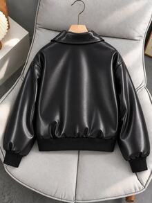 SHEIN 女童秋冬保暖內裡PU皮革夾克，翻領拉鍊款，厚羊羔絨內裡，羅紋下擺與袖口，寬鬆落肩版型，酷帥機車風，適合中大童女孩子，日常上學、外出穿著，PU面料耐穿易打理，中大童帥氣休閒夾克上衣 - 黑色 - 查看 2