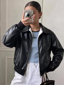 SHEIN 女童秋冬保暖內裡PU皮革夾克，翻領拉鍊款，厚羊羔絨內裡，羅紋下擺與袖口，寬鬆落肩版型，酷帥機車風，適合中大童女孩子，日常上學、外出穿著，PU面料耐穿易打理，中大童帥氣休閒夾克上衣 - 黑色 - 查看 9