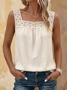 EMERY ROSE Women White Sleeveless Blouse, Square Neck Spliced Lace Decor Shirt With Standard Size Tag - White - View 1