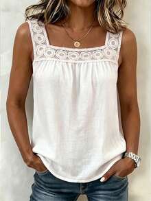 EMERY ROSE Women White Sleeveless Blouse, Square Neck Spliced Lace Decor Shirt With Standard Size Tag - White - View 7