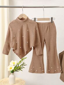 SHEIN Elladie kids 女童秋季休閒兩件套 T恤套裝，正面棕色珠飾裝飾，不對稱高領針織羅紋上衣搭配喇叭褲，生日禮物 - 棕色 - 查看 9