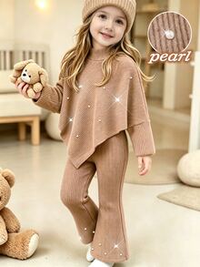 SHEIN Elladie kids 女童秋季休閒兩件套 T恤套裝，正面棕色珠飾裝飾，不對稱高領針織羅紋上衣搭配喇叭褲，生日禮物 - 棕色 - 查看 1