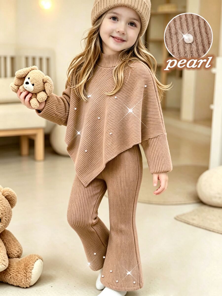 SHEIN Elladie kids 女童秋季休閒兩件套 T恤套裝,正面棕色珠飾裝飾,不對稱高領針織羅紋上衣搭配喇叭褲,生日禮物 - 棕色 - 查看 1