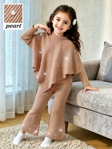 SHEIN Elladie kids 女童秋季休閒兩件套 T恤套裝，正面棕色珠飾裝飾，不對稱高領針織羅紋上衣搭配喇叭褲，生日禮物 - 棕色 - 查看 3