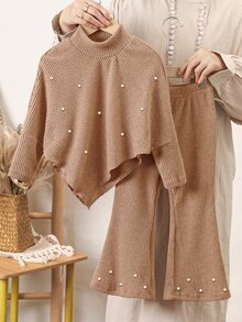 SHEIN Elladie kids 女童秋季休閒兩件套 T恤套裝，正面棕色珠飾裝飾，不對稱高領針織羅紋上衣搭配喇叭褲，生日禮物 - 棕色 - 查看 4