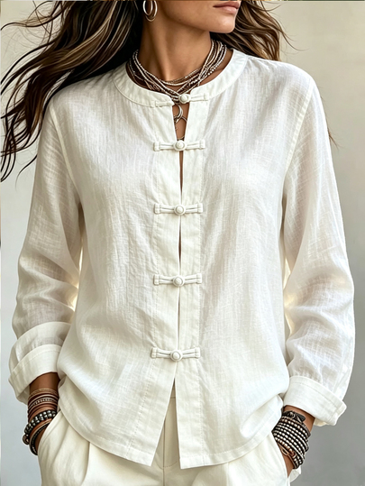 SHEIN New Chinese Style Stand Collar Frog Button White Shirt Women's Vintage Loose Long Sleeve Casual Thin Cardigan Blouse