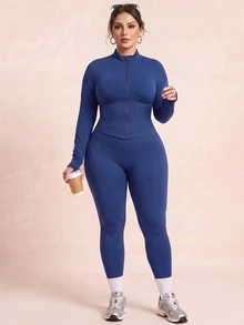 SHEIN Rhythm Era Women's Plus Size Solid Color Slim Fit Jacket Leggings Sports Cow Girl Set Gym Royal Blue Autumn - Blue - View 5