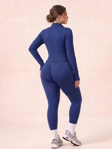 SHEIN Rhythm Era Women's Plus Size Solid Color Slim Fit Jacket Leggings Sports Cow Girl Set Gym Royal Blue Autumn - Blue - View 2