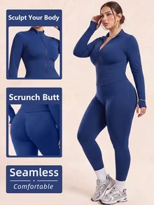 SHEIN Rhythm Era Women's Plus Size Solid Color Slim Fit Jacket Leggings Sports Cow Girl Set Gym Royal Blue Autumn - Blue - View 1