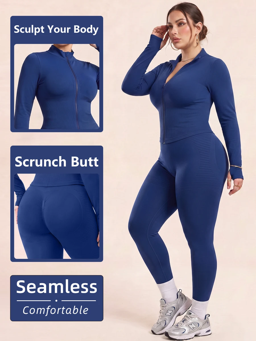 SHEIN Rhythm Era Women's Plus Size Solid Color Slim Fit Jacket Leggings Sports Cow Girl Set Gym Royal Blue Autumn - Blue - View 1