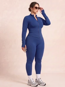 SHEIN Rhythm Era Women's Plus Size Solid Color Slim Fit Jacket Leggings Sports Cow Girl Set Gym Royal Blue Autumn - Blue - View 4