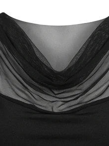 Everyssa Gaun Midi Elegan Wanita Warna Polos dengan Kerah Model Cowl dan Patchwork Jala Lengan Panjang, Pas Badan, dan Elegan - Hitam - View 4