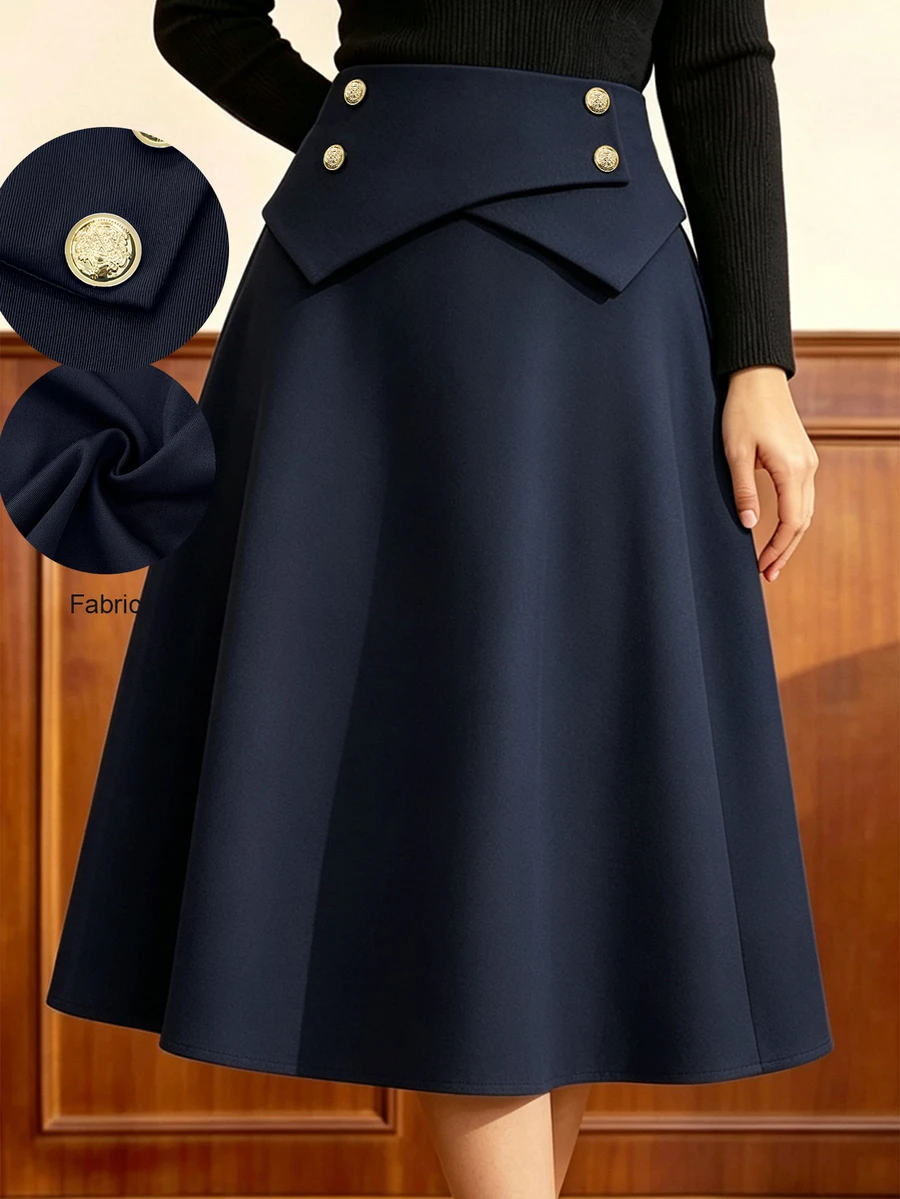 Auvina Plus Size Women's Solid Color Waist Button Design Simple Elegant Fashion Versatile Skirt - Navy Blue - View 1