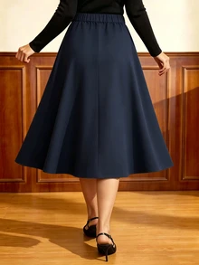 Auvina Plus Size Women's Solid Color Waist Button Design Simple Elegant Fashion Versatile Skirt - Navy Blue - View 2