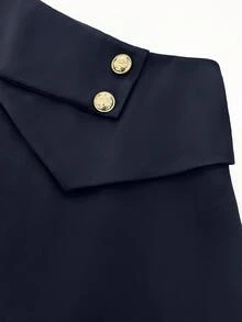 Auvina Plus Size Women's Solid Color Waist Button Design Simple Elegant Fashion Versatile Skirt - Navy Blue - View 5