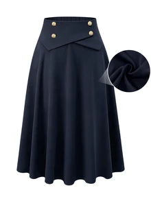 Auvina Plus Size Women's Solid Color Waist Button Design Simple Elegant Fashion Versatile Skirt - Navy Blue - View 3